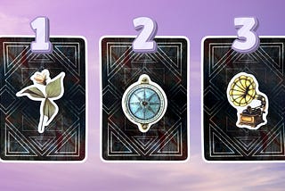 Three tarot pick a card piles: pile 1 — flower, pile 2 — compass, and pile 3 — gramophone