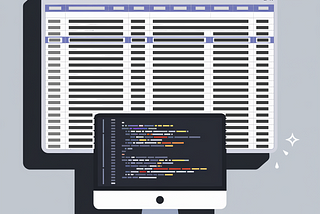 A digital illustration showing a large spreadsheet on a monitor with a smaller screen in front displaying lines of code, symbolizing data analysis.