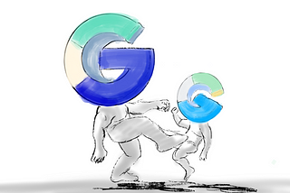 A larger character with a Google logo head is kicking the smaller character