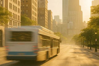 A Chicago bus driving away at sunrise, reminding us that missed chances can reveal hidden blessings.