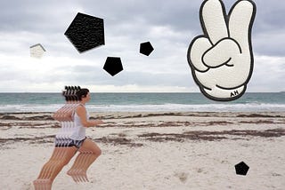A collage of a girl running across a beach on a cloudy day, with a Mickey Mouse style hand peace sign sticker and geometric shapes scattered over the top.
