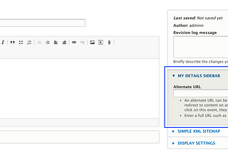 Screenshot of a node add form with a custom field highlighted in the advanced sidebar