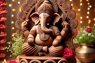 A beautifully crafted eco-friendly Ganesh idol made of red soil (Geru Mitti), seated in a peaceful posture with intricate traditional designs, adorned with fresh flowers, and surrounded by a festive background with warm lighting.