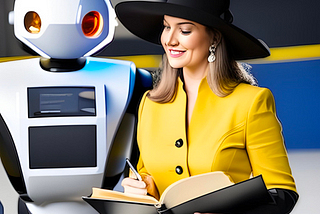 Women taking notes while standing next to a robot