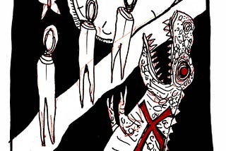 Three time travelers on a walkway with a butterfly, a T rex, and a clock