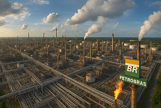 ChatGPT generated this panoramic aerial image of a Petrobras oil extraction facility, illustrating the scale of its operations, dense pipeline networks, and visible emissions under a broad sky