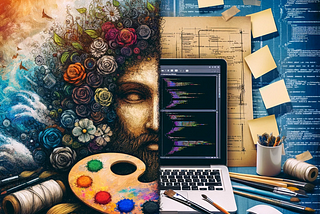 A two part picture. The left side is a face with coloured flowers in their hair and an artist’s palette in front of them. The right side is a laptop sourounded by post it notes, all on a background of lines of code.