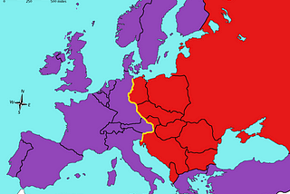 Screenshot Map of the Iron Curtain by BigSteve. This was how Europe was carved up after WWII between the Allies and the Soviet Union, setting the stage for all the European conflicts of today. An arbitrary border was drawn from the very northern point of east Germany all the way down to the southern point of the eastern border of Italy. Everything east of that border was controlled by the Soviet Union and is indicated in red. Everything west of that is indicated in purple.