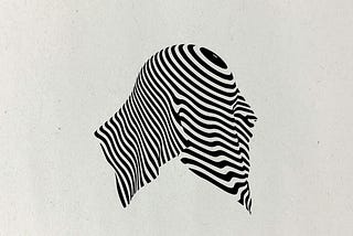 Abstract image of a striped shape veiling an orb on neutral background