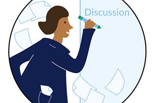 Illustration of a scientist with a pen at a whiteboard with the title “Discussion”.