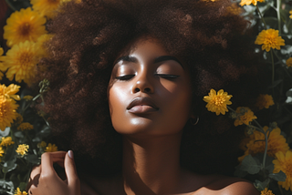 African-American woman with eyes closes in a bed of daisies embracing the sun on her skin.