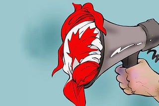 Hand holding a megaphone that is muffled by a Canadian flag