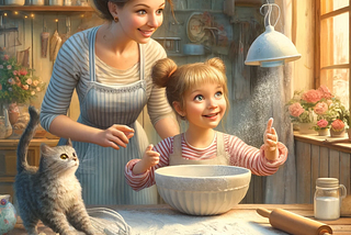 Mia and her mom are baking with Ginger, the cat in the kitchen. Ginger has flour in the air as she dances.