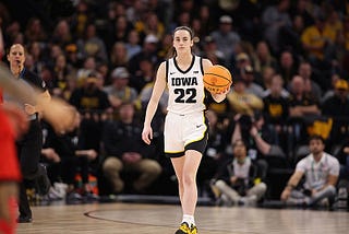 Caitlin Clark dribbling basketball in her Iowa shirt