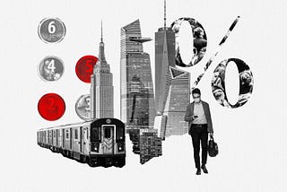 Photo Montage: NYC skyscrapers, Subway Car, Business Person, Elevator Buttons with 2 and 5 highlighted in red, and Percent Symbol.