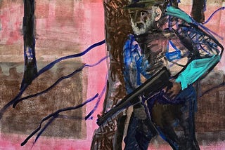 Painting by Hans Heiner Buhr “Avto Meskhi — partisan of art” Acrylic on canvas. 180 x 125 cm. 2024