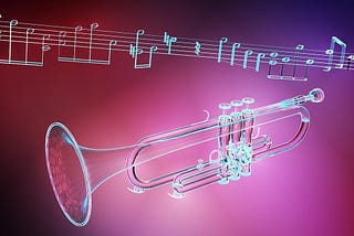 the outline of a trumpet and some grade music on a purple / pink background