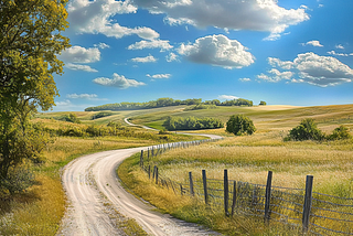 A country road winding into the distance below blue sky and clouds