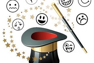 Magician’s top hat and wand surrounded by gold stars and emojis displaying different facial expressions