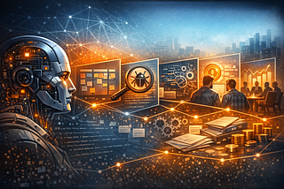 Illustration showing AI’s impact on software engineering productivity, connecting workflow speed, code review, developer learning, codebase complexity, and executive ROI decisions through an interconnected futuristic system.