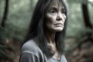 Sad middle-aged woman in a forest