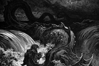 Part of The Destruction of Leviathan by Gustave Doré, black and white artwork depicting a sea monster in a stormy ocean