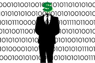 image of a suit with a dollar sign for a head with zeros and ones in the background to depict data working and making money