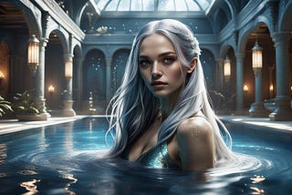 A gorgeous woman with long silver hair, a bright blue swimsuit, in a hotel swimming pool.