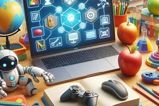 A picture of a table or desk with various school supplies and a laptop with the screen displaying a learning platform.