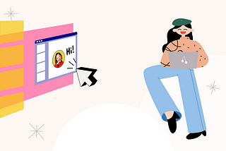 Illustration of a girl on her laptop and the leftside is a simplified image of what a portfolio landing page looks like.