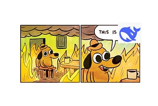 An adaptation of the “this is fine” meme (dog in room on fire cartoon). Instead the dog says “this is DeepSeek” with everything burning in the room.