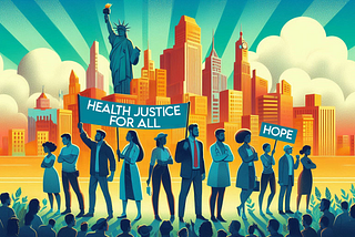 Illustration of a diverse group of people standing together in front of a bright cityscape with the Statue of Liberty behind them. Several people hold signs that read “HEALTH JUSTICE FOR ALL” and “HOPE.” A crowd is gathered in the foreground, and rays of light and large clouds fill the sky.