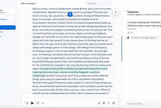 an image of Caroline’s Otter.ai web browser tool which is alive transcription on parts of her actual article you are reading right now on disability and AI.