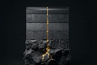 The six-stage Sovereign Leadership Architecture sequence shown as a vertical structure with six stacked tiers bound by a single gold seam from fractured base to resolved top.