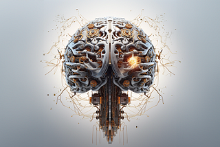 A brain made of metal hardware and wiring. It is floating against a light background and is connected with lines representing neural pathways.