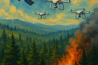 IMAGE: Aerial digital illustration of a Mediterranean forest fire, with three drones and a satellite monitoring the flames from above