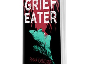 Cover art grief eater by emma osborne woman with head thrown back, dark curly hair and blood pouring out of open mouth, bloody background with flames