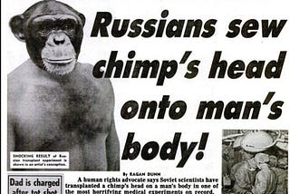 Newspaper page with fake image of man with chimp’s head