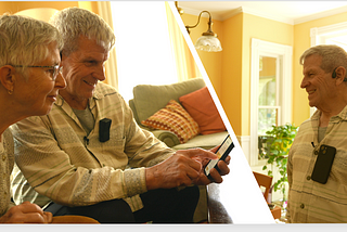 An older man and woman look at a tablet in the man’s hand; the image is then cut into another image of the man wearing a headset connected to a black device.