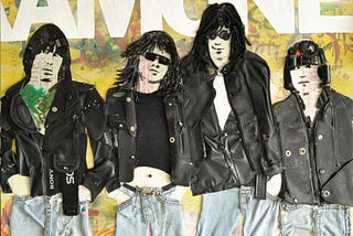 Relief art of Ramones in jeans and leather jackets made of fabric, wool and found objects.