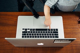 A laptop from above, showing a baby pressing a key and a dog using the touchpad.