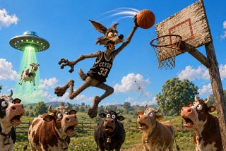 Clyde the Coyote trying to play basketball while cows watch in amazement.