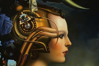 A stylized closeup of a woman in profile; her head contains gears and tubes coming out of it.