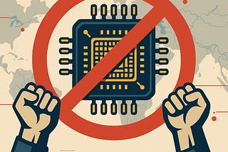 IMAGE: A microchip behind a red prohibition symbol, flanked by two raised fists, set against a subtle world map background, conveying defiance against semiconductor export restrictions