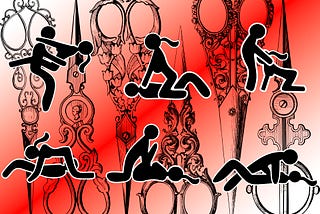 Image of antique scissors in the background, overlaid with simple silhouette graphics of cartoon people having sex in various positions.