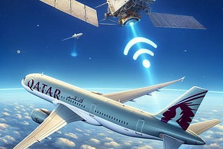 IMAGE: An illustration of a Qatar Airways plane flying high in the sky and receiving WiFi signals from a Starlink satellite. The plane is detailed and clearly marked with the Qatar Airways logo, while the satellite emits WiFi signal waves towards it, set against a clear blue sky with the clouds underneath