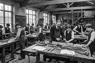 Black-and-white historical-style classroom workshop showing young people learning practical skills at wooden benches under a teacher’s guidance.