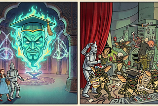 A two panel cartoon. In the first panel is the presented face of a powerful genie wearing a graduation cap projected onto a curtain. In the second panel, we see that behind the curtain is a bunch of gremlins wreaking havoc.
