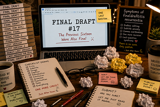 A cluttered writer’s desk with a laptop displaying “Final Draft #17,” stacks of revised drafts, coffee mugs, notebooks, sticky notes, and humorous signs about endless editing and overthinking.