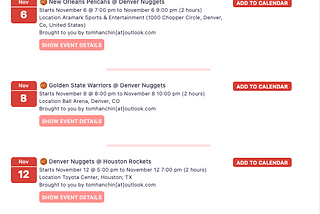 How I created the Denver Nuggets Schedule Landing Page with just my calendar client